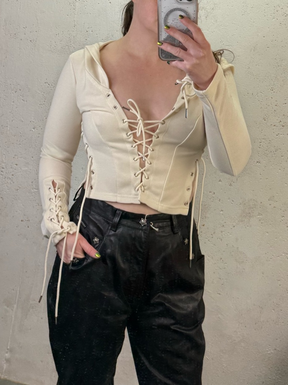 Adika Cream Lace-Up Hooded Crop Top Sweatshirt Hoodie